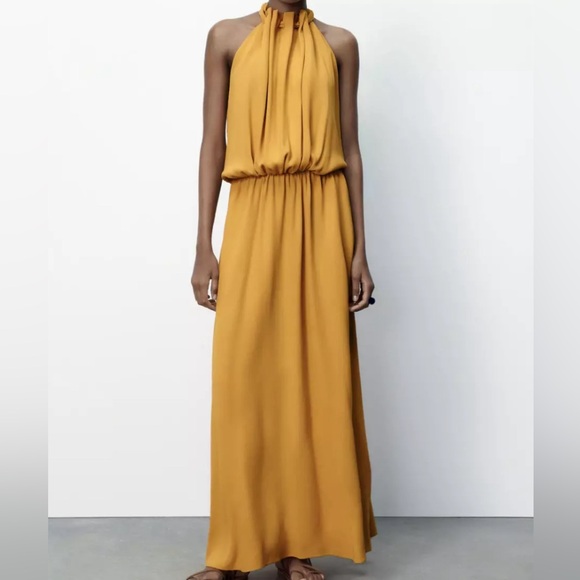 ZARA Limited Edition Mustard Yellow Halter Neck Maxi Dress - Picture 3 of 14